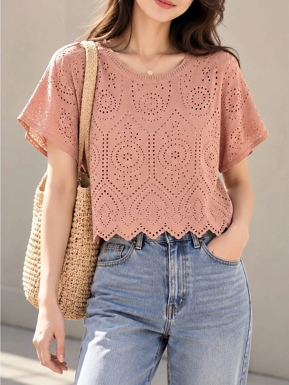 Zara Eyelet Crop Top in Pink Size Medium